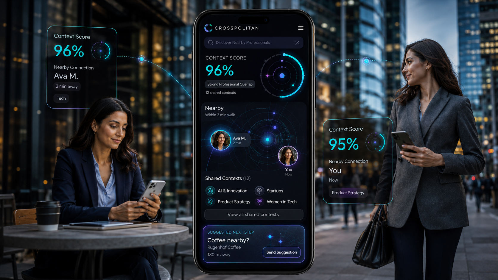 Crosspolitan AI Context Score interface showing a 96% match with shared professional contexts and a suggested coffee meet-up nearby