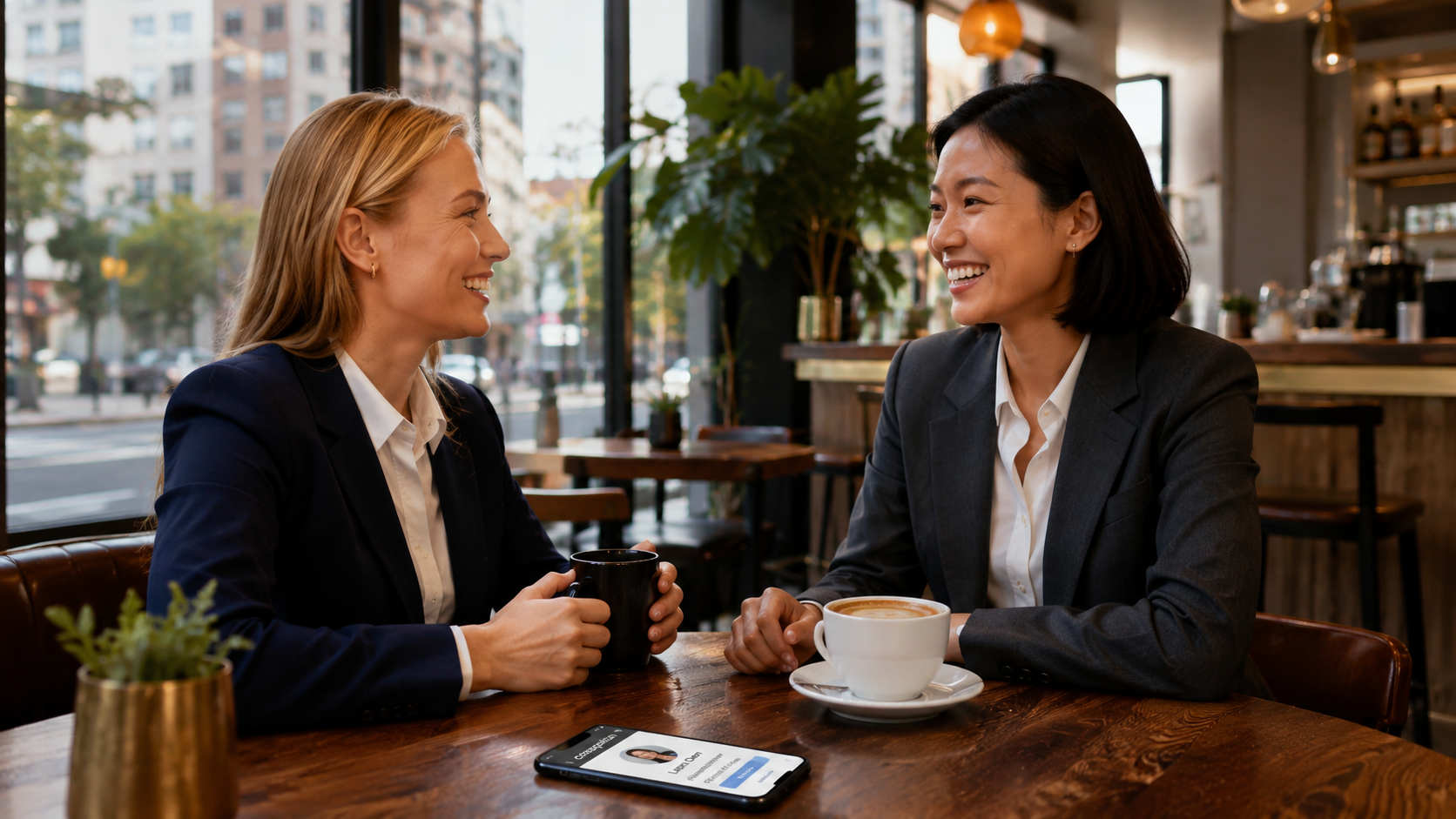 Two professionals meeting in person over coffee after connecting through Crosspolitan