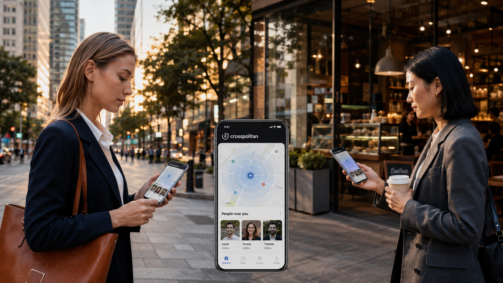 Two professionals on a city street using Crosspolitan to discover nearby people on a radar map