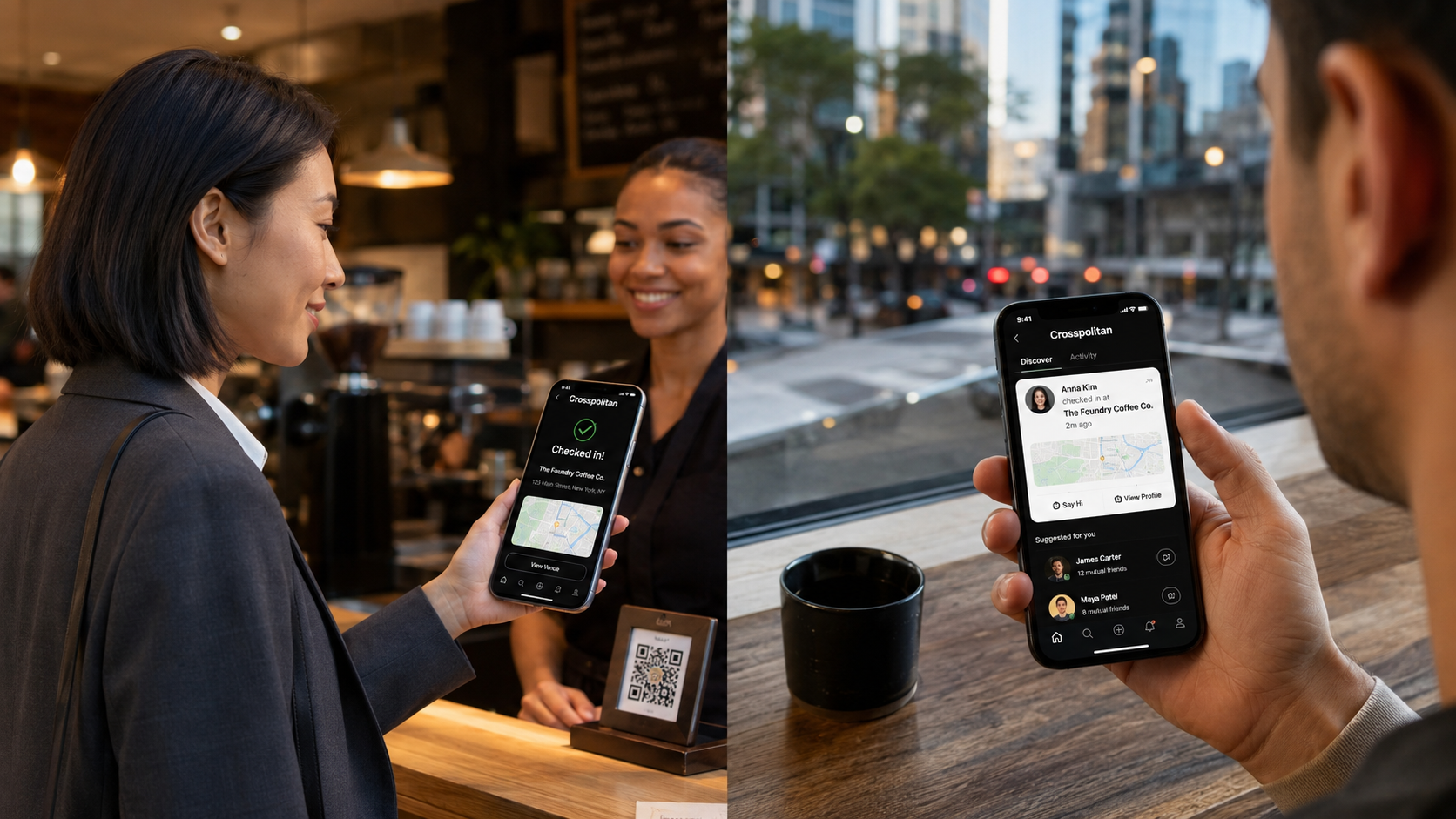 A user checking in at The Foundry Coffee Co. on Crosspolitan while another nearby user sees the check-in in their feed